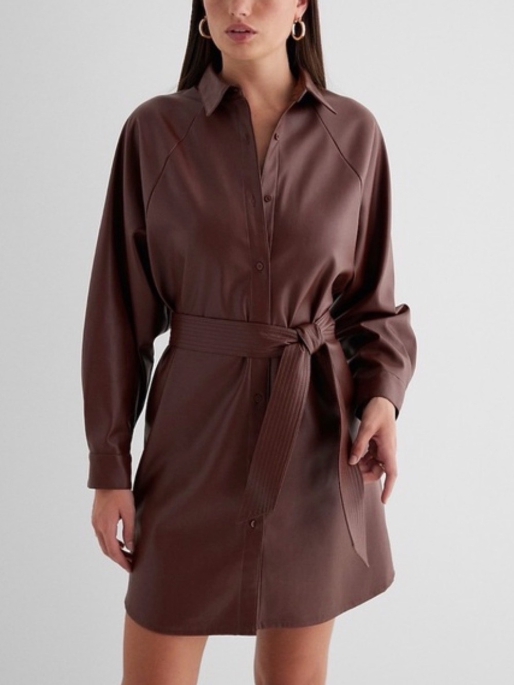 Express Chocolate Burgundy Button-Up Shirt Dress with Tie Belt